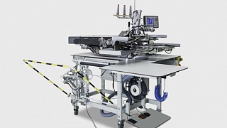 Sewing machine with automatic loading and feeding device for overlapping welt pockets &quot;in a frame&quot; and &quot;in a leaf&quot; with or without a valve, inclined and straight BASS 3504 T / J ASS (premium version)